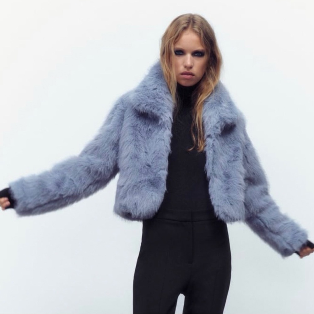 Zara Women's Plush Blue Faux Fur Jacket